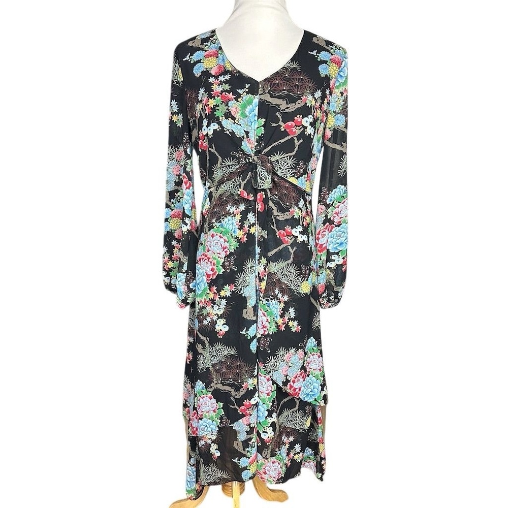 G.I.L.I. Black Multicolor Asian Floral Twist Front Long Sleeve Midi Dress Size 6